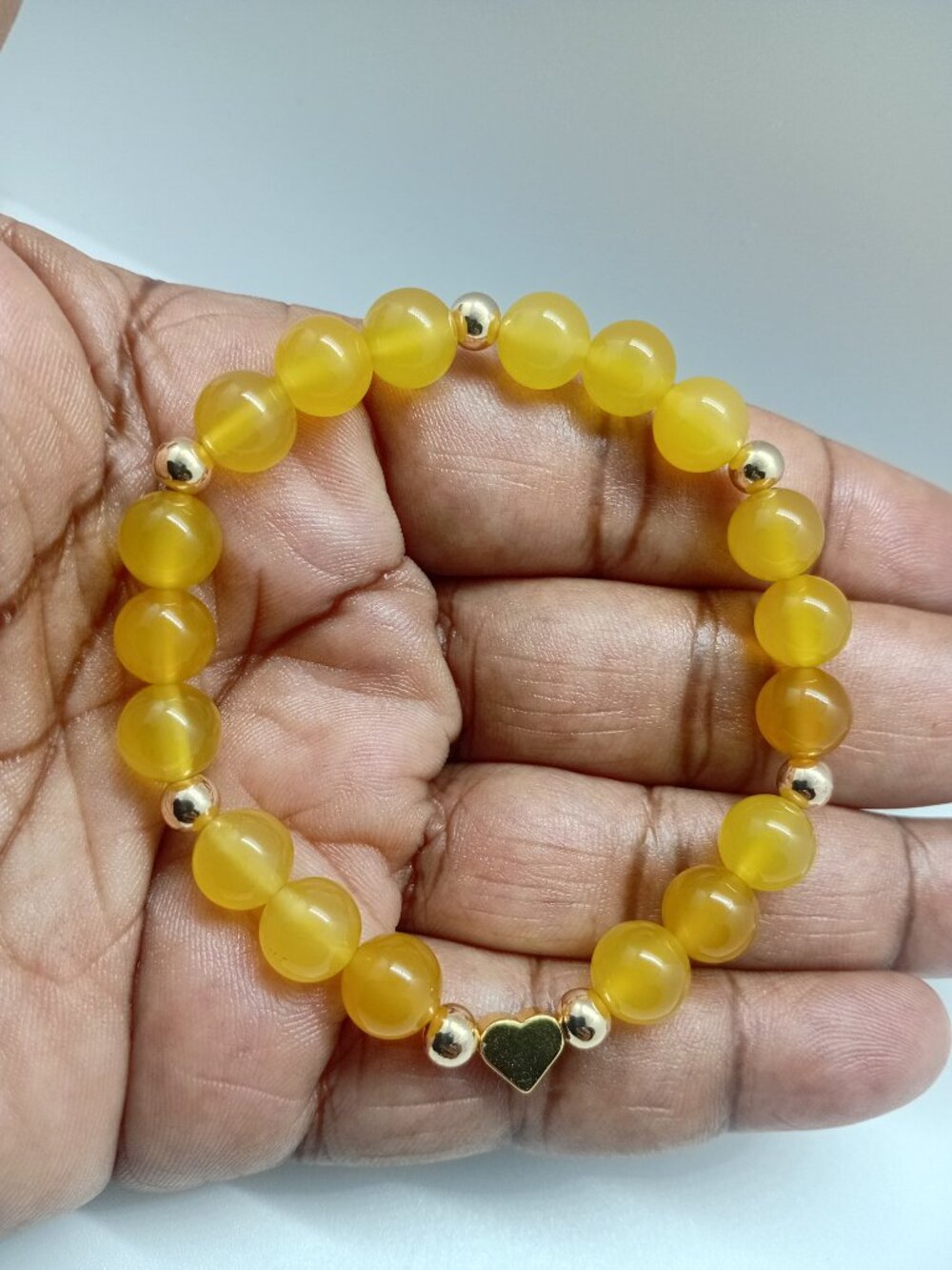 14K Gold Filled Stretch Bead Bracelet Yellow Agate Heart Charm Gemstone Women